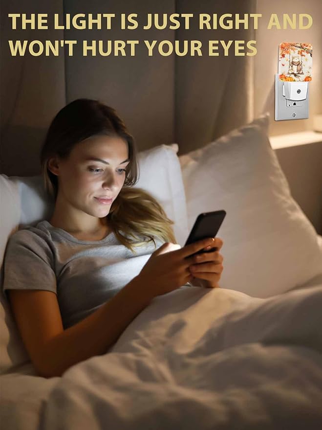 Thanksgiving Night Lights Plug into Wall LED Night Light Fall Pumpkin Cute Cat Maple Leaf Vintage Automatic Dimmable Dusk-to-Dawn Square Shaped Smart Nightlight for Bathroom/Bedroom