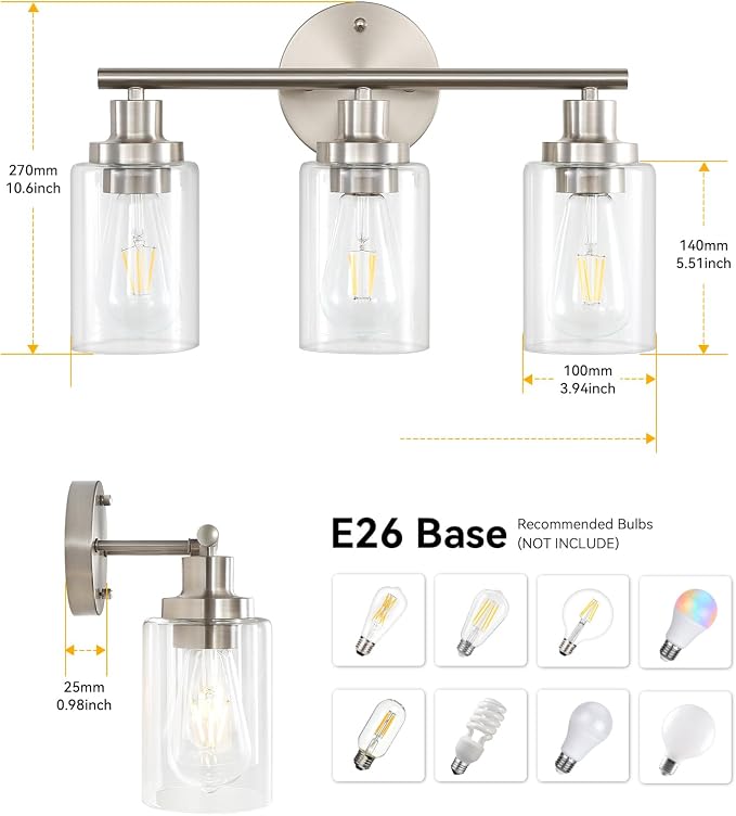 Vanity Wall Light Fixtures, Modern 3 Lights Wall Sconce with Clear Glass Shade, Brushed Nickel Farmhouse Wall Lamp for Bathroom Mirror Kitchen Porch Living Room Workshop (E26 Base) | Modern Wall Sconce with Clear Glass Shade, Brushed Nickel Farmhouse W...