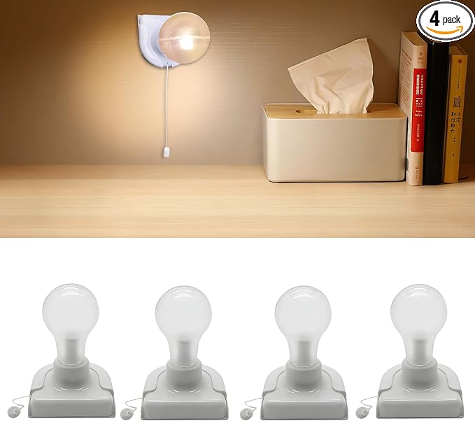 Stick up Closet Light Bulb, 4Pack Battery Operated Bulbs with Pull Chain | Zwesanii Wireless LED Lights Self Adhesive Wall Mounted Fixtures for Cabinet Bedroom Hallway, Clear Cover, Warm White,3W