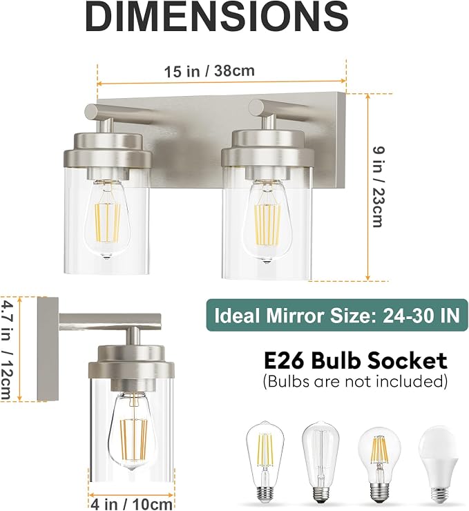IZORRO Bathroom Vanity Light Fixture, 2-Light 15 Inch Brushed Nickel Bathroom Light Fixtures Over Mirror, with Clear Glass Shade, Modern Farmhouse Vanity Lights, Rustic Restroom Lighting Fixtures