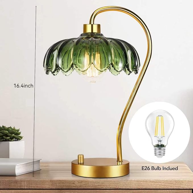 ILLMTW Flower Table Lamp Set of 2,Small Gold Bedside Lamps Dimmable Boho Bedroom Lamp with Glass Green Lamp Shade,Vintage Mid Century Modern Mini Nightstand Lamp for Bedroom Living Room
