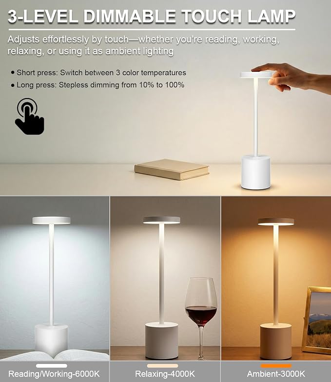 Swinerton White Rechargeable Cordless Table Lamps Set, 5000mAh Battery Powered Wireless Table Light, Portable LED Desk Lamp, 3 Color Dimmable Lighting for Restaurant Dining Patio Outdoor Bedroom
