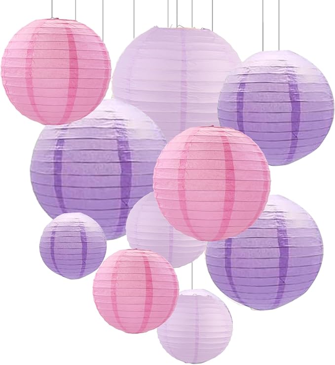 ZOOYOO 10Pcs Paper Lanterns,Pink Purple Round Hanging Tissue Paper Lanterns Decorations for Birthday,Wedding,Baby Shower,Theme Party Garden Home Decor
