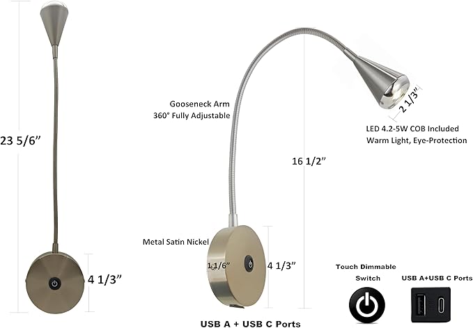 HomeFocus - LED Wall Light, Bedside Reading Light, Eye-Caring Wall Lamp with Dual USB Charging Ports, Dimmable 3 Modes, Wall Sconces, 5W 3000K Warm White, Flexible Gooseneck, Metal, Satin Nickel