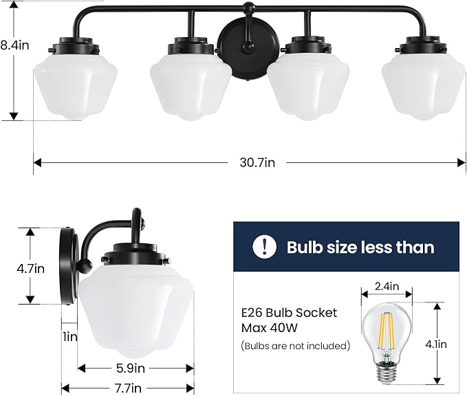 RUIYEY Bathroom Vanity Light Fixtures: 4-Light Matte Black Bathroom Lighting Fixtures Over Mirrors, Farmhouse Rustic Wall Sconce with Milky White Glass for Bath Living Room Cabinet