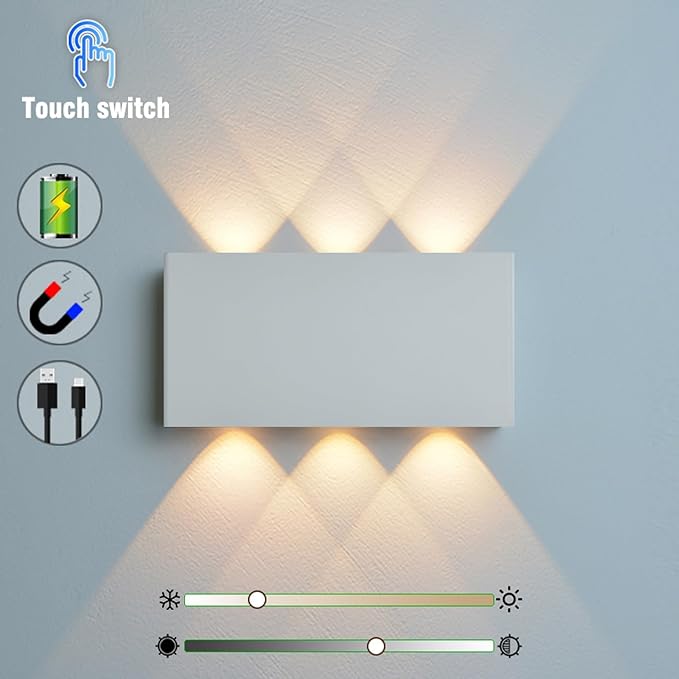 Shelprojsu 2 Pcs LED Magnetic Wall Sconce Lights,5000mAh Wireless Bedside Wall Light USB Rechargeable Reading Wall Lamp,3 Lighting Colors and Dimmable Battery Operated Wall Sconces (White, 2 pcs)