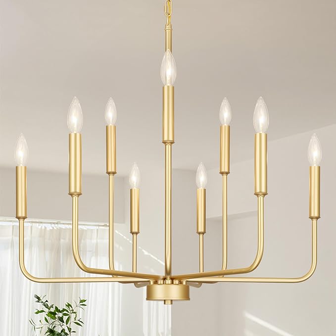 Gold Chandeliers for Dining Room Light Fixture Over Table, Modern Farmhouse Chandeliers for Living Room,9-Lights Industrial Metal Candle Lighting Fixtures for Entryway Kitchen Island Foyer
