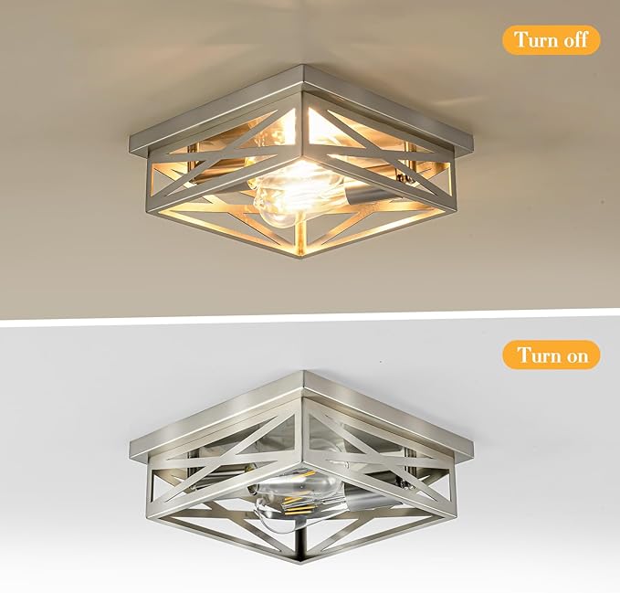 Brushed Nickle Flush Mount Ceiling Light, 2-Pack Close to Ceiling Light Fixtures, 11 Inch Square Cross Cage Indoor Kitchen Ceiling Lights for House Hallway Bedroom Living Room