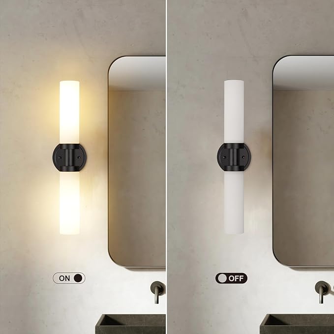 Black Bathroom Light Fixtures, 2-Light Wall Sconces Lighting W/White Glass Shade, Modern Vanity Lights for Mirror, Wall Mounted Lamp, E26 T10 Bulbs(Excluded)