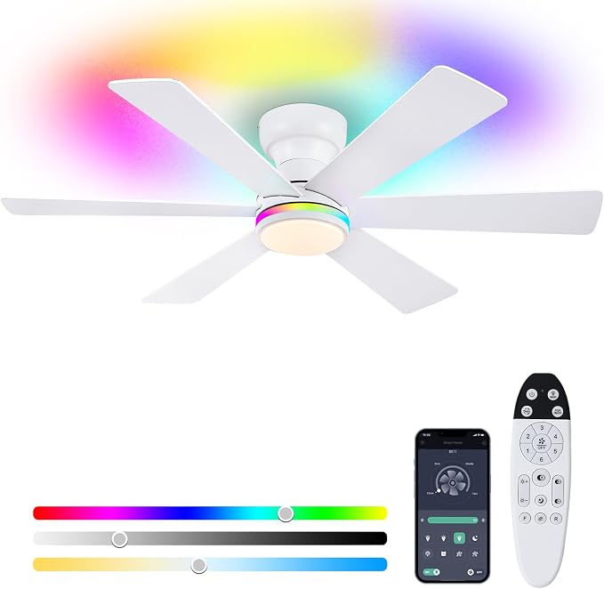 46" 6-Blade White Low Profile RGB Ceiling Fan with Light and Remote/APP | 11 RGB Modes,Reversible 6 Wind Speeds,Dimmable 3 CCT LED, 25W Quiet DC Motor,Timer,6 Double-Sided Blades,for Bedroom Party