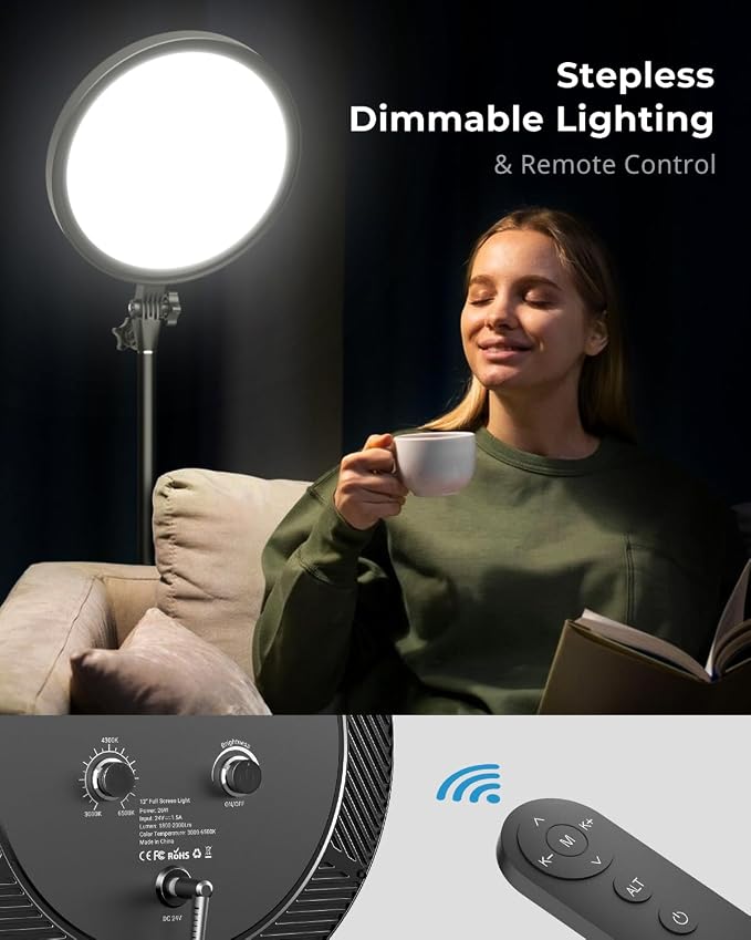 Aureday 12” Ring Light with Stand and Phone Holder, 79” Tall LED Circle Light with Weighted Base & Remote, Dimmable Floor Lamp for Video Recording, Barber, Live Stream, Makeup, Photography