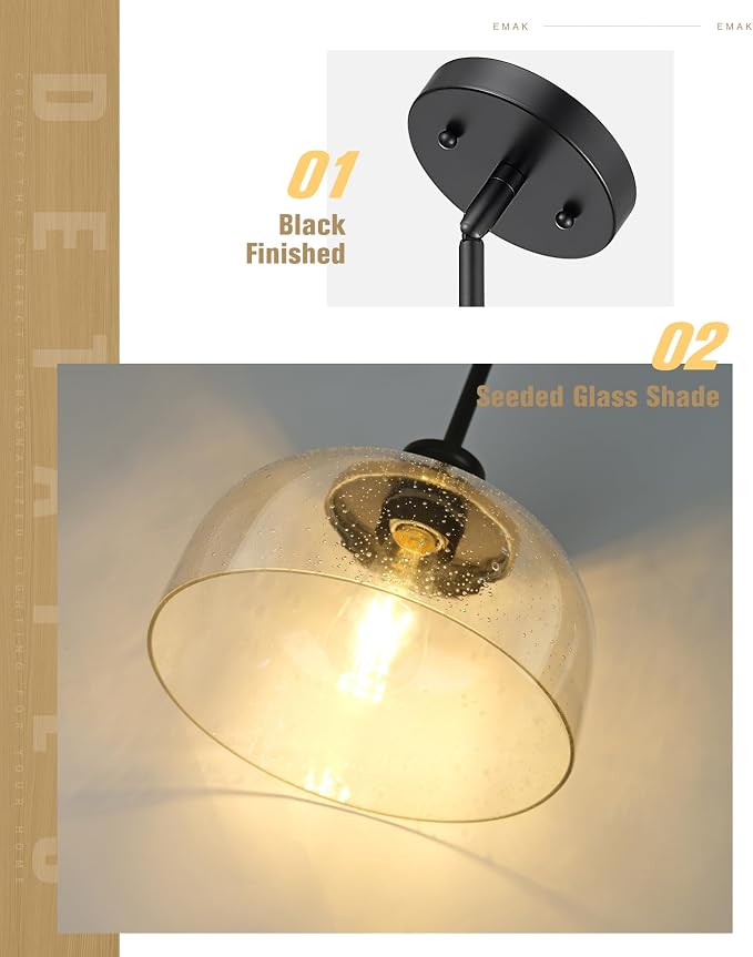 Emak Modern Black Pendant Light, 10 Inch Large Pendant Lights Kitchen Island with Seeded Glass Shade, Farmhouse Kitchen Island Lighting for Dining Room, Bathroom, Bar, PL131-BK-SG