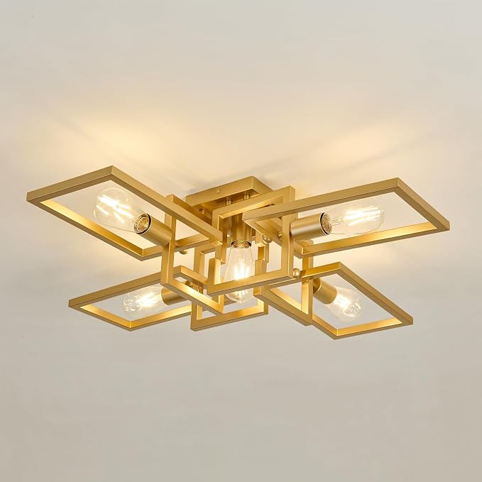 ZGLAOJT Semi Flush Mount Ceiling Light 5-Light Gold Kitchen Light Fixtures | Modern Large Matte Sputnik Chandelier for Dining Room Bedroom Farmhouse Living Room