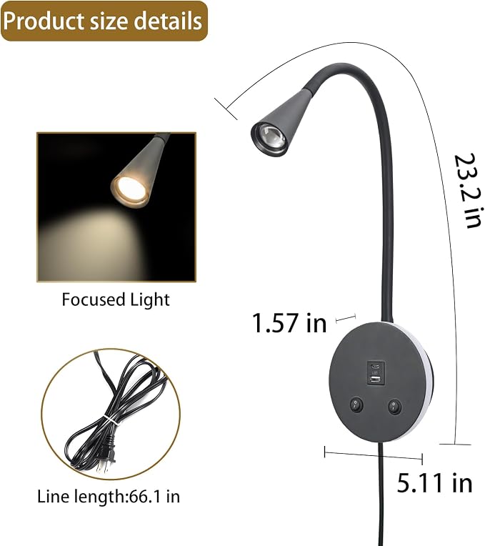 Book Lights for Reading at Night, LED Wall Mounted Reading Light, Flexible Gooseneck Wall Lamps for Bedroom, Plug in Wall Lights with USB Charging, Bedside Wall Sconces Focused Bed Lamp (Black)
