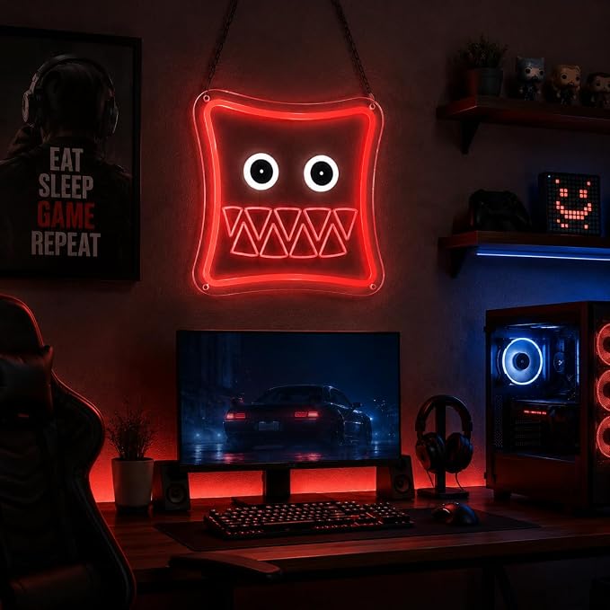 Red Square Monster Face Neon Sign, USB Powered, Cool Gaming Wall Decor for Bedroom, Game Room, Party, Man Cave, Kids Room, Aesthetic Wall Art Neon Sign for Boys Teens