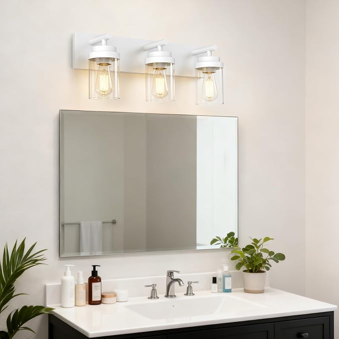 IZORRO Bathroom Vanity Light Fixture, 3-Light 22 Inch White Bathroom Light Fixtures Over Mirror, with Clear Glass Shade, Modern Farmhouse Vanity Lights, Rustic Restroom Lighting Fixtures