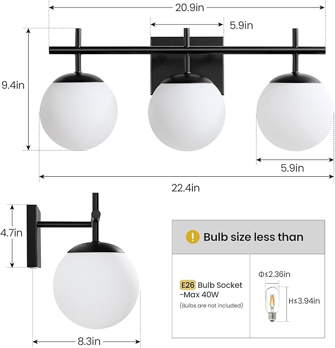 Black Bathroom Vanity Light, 3-Light Bathroom Lighting Fixtures Over Mirror with Milky White Globe Glass Shade, Mid Century Modern Vanity Lights Fixture Over Mirror 22.4 Inch