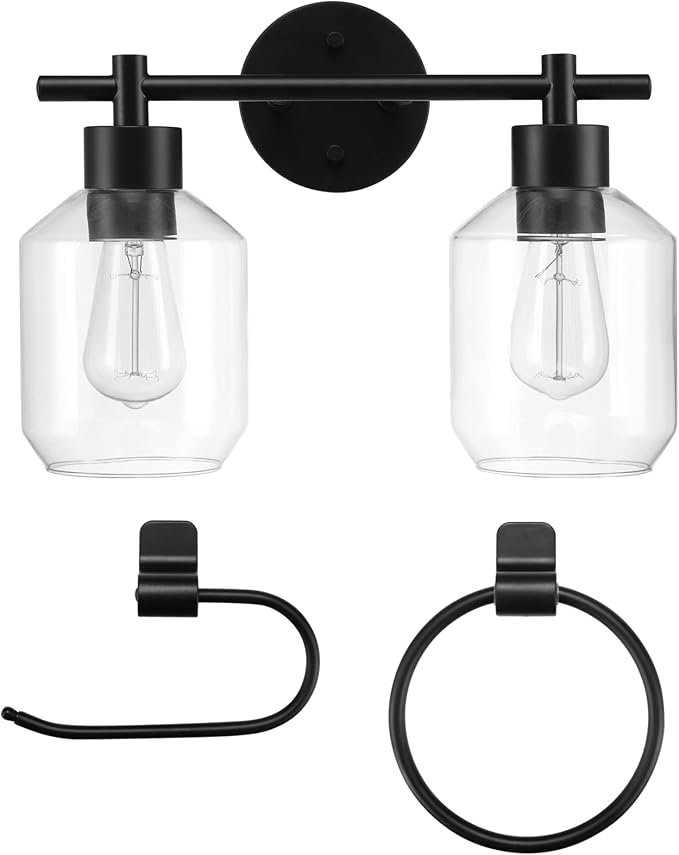 Globe Electric 3-Piece Powder Room Set, Matte Black, 2-Light Vanity with Clear Glass Shades and Matching Hardware, 51850