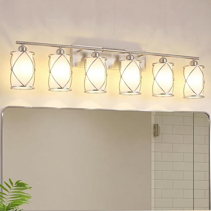 6-Light Brushed Nickel Bathroom Light Fixtures Over Mirror, 42" UL-Listed Modern Wall Sconce Lights with Milk White Frosted Glass and Metal Cage for Bath, Hardwire E26, CH9176BNW-6W