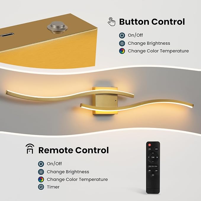 Gold Battery Operated Wall Sconces: 39.3 Inch Rechargeable Wall Sconce Set of 2 with Remote Control/3 Colors/10-100% Dimming/Timer Modern LED Wall Light for Bedroom Living Room Hallway Bathroom, 2 Pcs