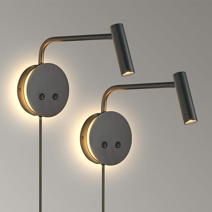2 Pack Wall Mounted Reading Lights for Bed, Matte Black Headboard Wall Sconces with Night Light, Plug in or Hardwired Bedside Reading Lamps with On/Off Switch, 3000K Warm White Bedroom Wall Lighting