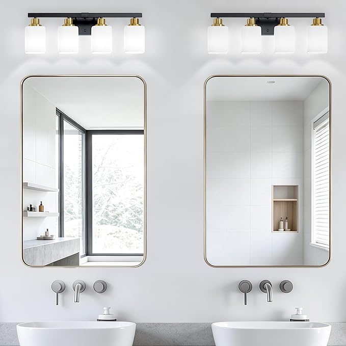 4-Light Vanity Light for Bathroom,Black and Gold Bathroom Light 24" | Bathroom Light Fixture with Square Frosted Glass, Wall Sconces fixtures Over Mirror Sink Restroom,Living Room Hallway