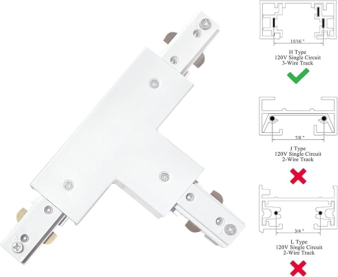 H Track T Connector H Type Single Circuit 3-Wire-1 Track Lighting Kit for H Track System Track Lighting Accessories 120V (White T Connector)