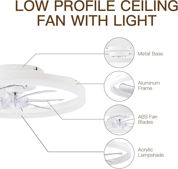 Ceiling Fans with Lights,20" Low Profile Ceiling Fan with Remote Control, Modern Flush Mount Ceiling Fan,White Fan Light for Bedroom, Living Room,Kitchen,Small LED Ceiling Light Fixture