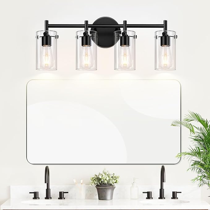 4-Light Matte Black Bathroom Vanity Light Fixtures, Clear Glass Shade Wall Sconces for Mirror, Bedroom, Living Room, Hallway