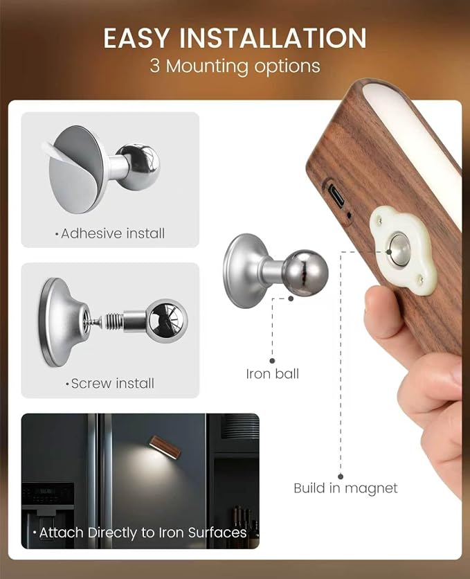Rechargeable Wall Sconce, Reading Light for Bed, Magnetic Wood Lamp | Bedside Reading, 360° Rotation, Stepless Dimming, 4000K Natural Light, Magnetic Installation for Bedroom Wall Lamps
