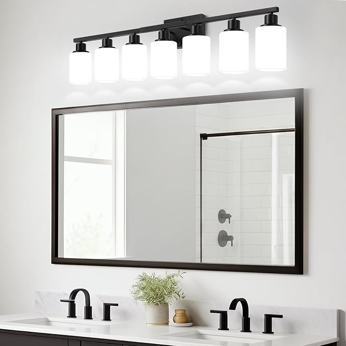 MOKATNG 7-Light Bathroom Light Fixtures, Vanity Light with Milky White Shades, Matte Black Bathroom Light Fixtures Over Mirror, Modern Bathroom Wall Lamp for Mirror Living Room Cabinet Bedroom