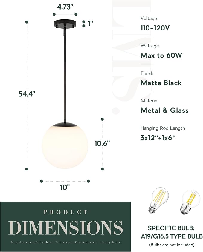 10 Inch Globe Pendant Lights, Matte Black Mid Century Kitchen Island Light Fixtures with White Globe Glass Shade, Adjustable Hanging Rod, Bar Kitchen Bedroom, LMS-186PL-BKW-10