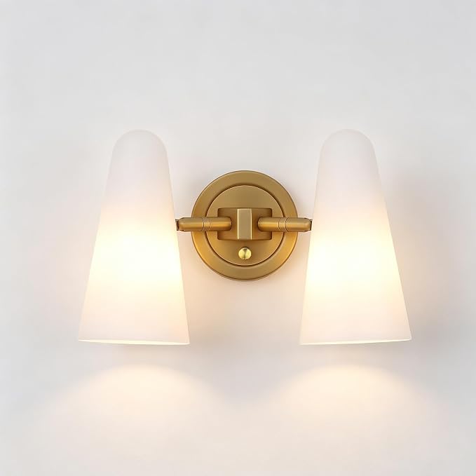 Modern 2-Lights Wall Sconces Lighting with Rotatable Frosted Milk White Glass Dimmer ON/Off Switch Gold Brass Bathroom Vanity Light Fixtures Indoor Wall Light for Mirror Living Room Bedroom