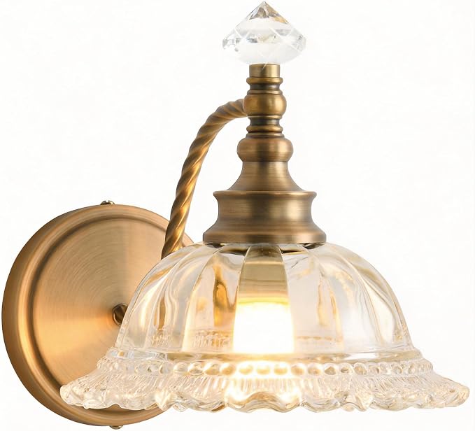 Vintage Bathroom Vanity Light Fixtures, with Floral White Glass Shade, 1-Light Brass Light Fixtures Over Mirror Mid Century Farmhouse Wall Mount Lighting for Bedroom, Living Room, Hallway