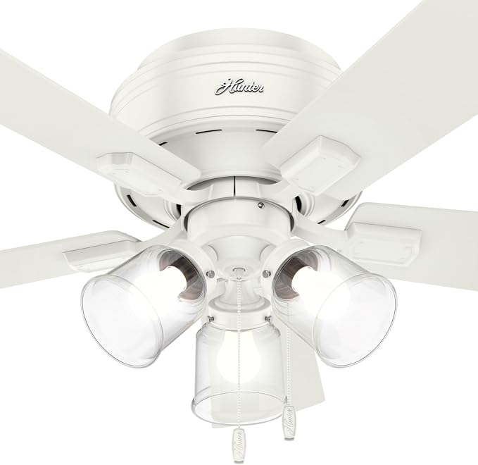 Hunter Crestfield, Indoor, Ceiling Fan, Quiet, 42 inch, Fresh White | with LED Lights and Pull Chain, Low Profile Flush Mount, 5 Blades, For Bedroom, Living Room, Kitchen, 52152