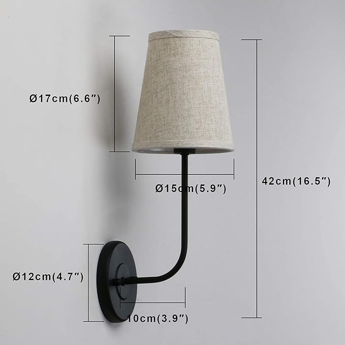 Rustic Vintage Wall Sconce Set of 2 Single Sconce Light with Flared Funnel Linen Fabric Shade Nightstand Lamps for Bedrooms Bedside Reading Living Room (Matt Black)