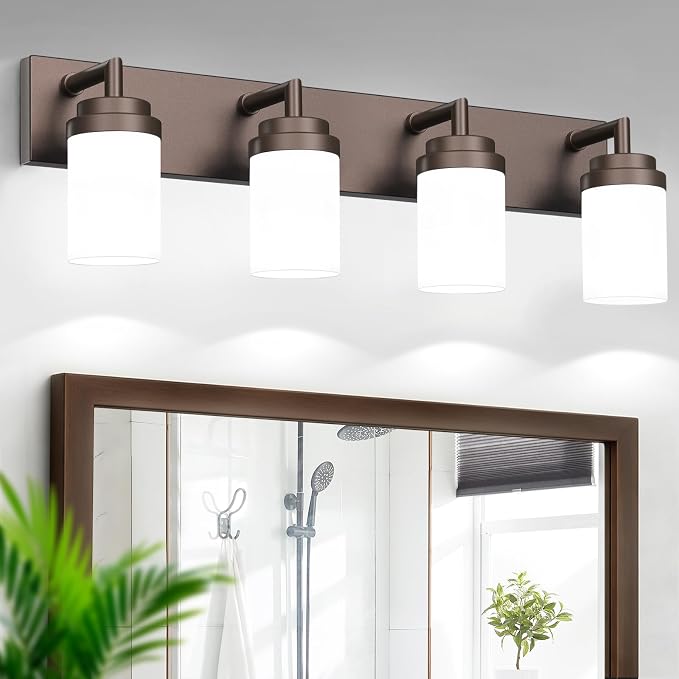 Bathroom Light Fixtures, Oil Rubbed Bronze Bathroom Lighting Fixtures Over Mirror, Modern Vanity Light with White Glass Shade, Restroom Lighting Fixtures, 4-Light 30-inch