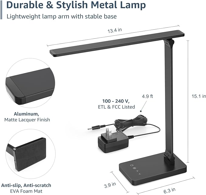 Lepro Desk Lamp with USB Charging Port for Home Office, 650LM 9.5W, Black | Dimmable Task Light, 5 Colors 5 Brightness, Eye Caring Table Lamp for Dorm Room, Sewing, Crafting, Reading, Nail, Drafts