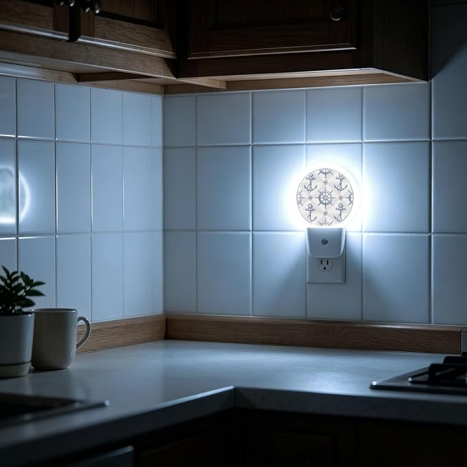 LED Night Light Ship Anchor Night Lights Plug into Wall Auto on/off | Compass Nautical Vintage Plug-in Night Light with Dusk to Dawn Sensor, Energy Saving Nightlight for Hallway Kitchen