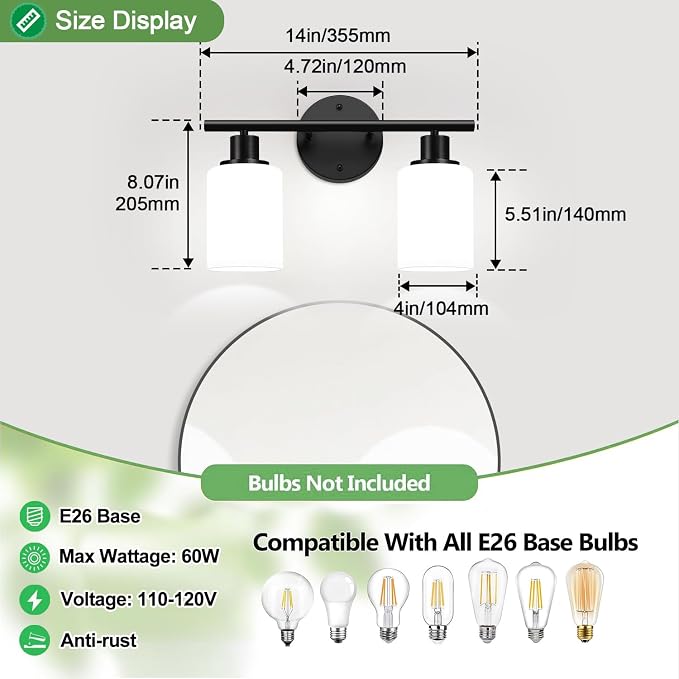 Zarbitta 2-Light Bathroom Light Fixtures,Black Modern Vanity Lights with Milky White Frosted Glass Shades,Bathroom Wall Lamp for Mirror Kitchen Living Room Hallway Cabinet Porch