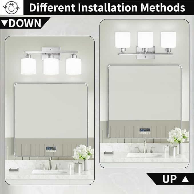 Brushed Nickel Bathroom Light Fixture, Anti-Rust Finish 3 Light Vanity Lights for Bathroom, Bath Lights with Milky White Frosted Glass Shades, E26 Socket