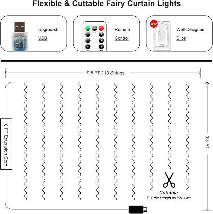 300 LED Fairy Curtain Lights, 9.8 x 9.8FT Purple USB Plug in 8 Modes Hanging Lights with Remote for Christmas, Bedroom, Indoor, Outdoor, Weddings, Party (Purple)
