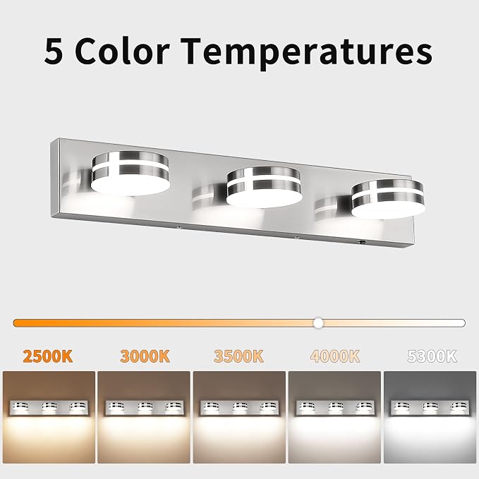 3 Light Bathroom Light Fixtures 23.62in Brushed Nickel Vanity Light | Modern Vanity Light Over Mirror with 5CCT Dimmable 360°Rotate for Makeup Vanity Table Bathroom Mirror Bedroom Living Room