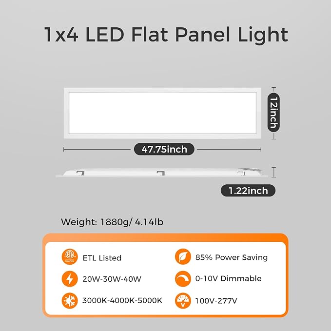 4 Pack 1x4 LED Flat Panel Light for Drop Ceiling, 0-10V Dimmable | 20/30/40W Selectable, 3000K/4000K/5000K Switchable, 120-277V, 4400LM, ETL Listed