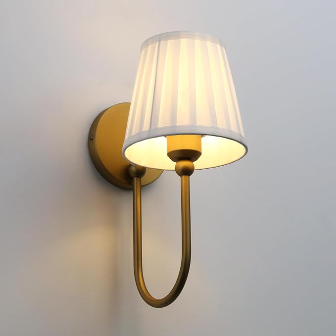 Hardwired Set of 2 Wall Sconces White Pleated Fabric Shade, Vintage Curved Arm Bathroom Vanity Lights, Indoor Wall Decor Lamp for Living Room, Bedroom, Foyer