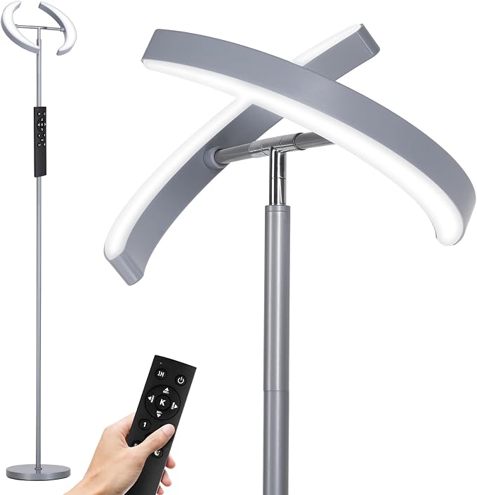 SUNMORY Floor Lamp for Living Room, 28W Bright LED Lamp with Remote Control | 1600lm Dimmable Rotatable Standing Light, 74" Tall Modern Reading Torchiere Uplighter for Bedroom Office Corner, Gray