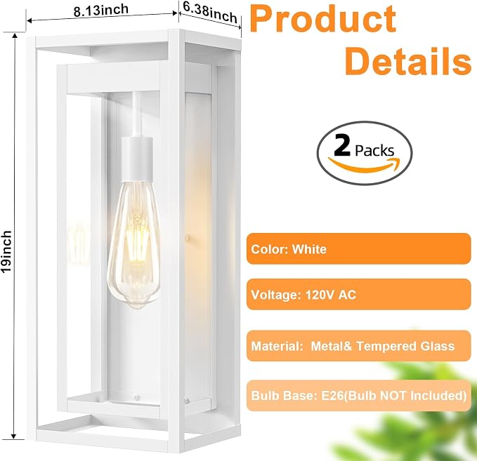 19" Large Outdoor Wall Light Fixtures, White Porch Light, 2 Pack | Large Size, Anti-Rust, Waterproof, Tempered Glass, Easy Installation, Modern Exterior Sconces for House Entryway Garage