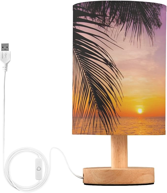 Table Lamp Sunset Ocean Palm Tree Tropical Summer Nightstand Lamp with Wood Base Fabric Lamp Shade Bedside Desk Lamp for Living Room Bedroom Kids Room Office