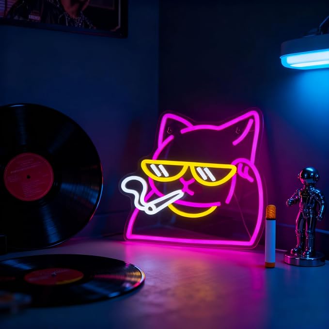 Smoking Cat Neon Sign, Dimmable Cool Cat LED Wall Light for Cat Lovers | USB Powered Cat Neon Light for Gamer Room, Man Cave, Bedroom, Bar Decor, Funny Cat Gifts for Cat Lovers