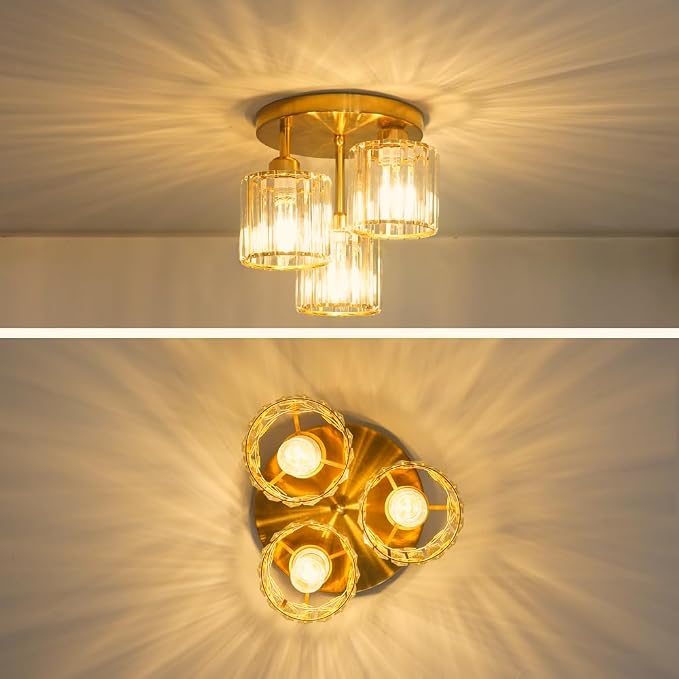 Modern Semi Flush Mount Ceiling Light, 3-Light Crystal Close to Ceiling Light Fixtures, Gold Kitchen Light Fixtures with Clear Crystal Shade, Hallway Light Fixtures for Hallway Bedroom Bathroom